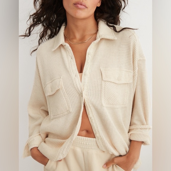 aerie Tops - AERIE Lumberjane Waffle Knit Shirt Shacket In Heather Frost